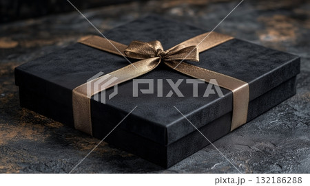 Elegant Black Gift Boxes with Metallic Gold Ribbons Elegant Black Gift Boxes with Metallic Gold Ribbons 132186288