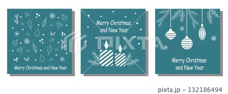 Geometric Line Art Christmas and New Year Holiday Cards Set 132186494