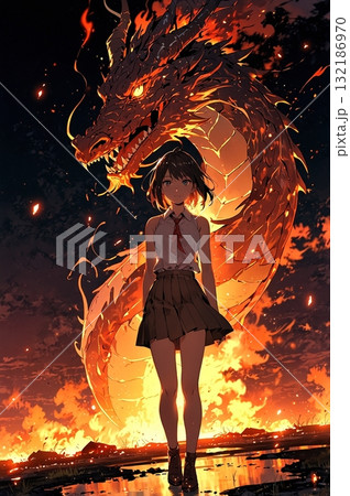 燃える炎のドラゴン（龍）と少女のイラスト 132186970