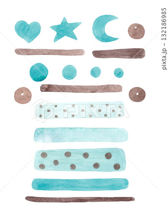 Heart, star, moon, dots, and stripes. Mint and brown watercolor. Isolated hand-painted elements for your design Heart, star, moon, dots, and stripes. Mint and brown watercolor. Isolated hand-painted elements for your design 132186985