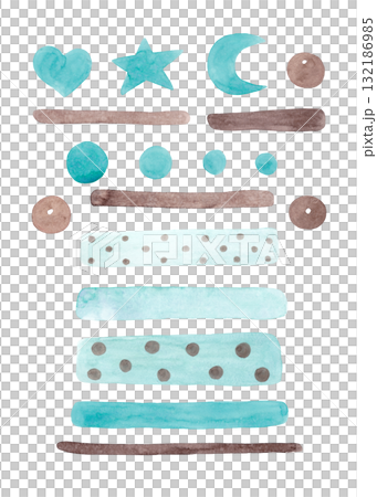 Heart, star, moon, dots, and stripes. Mint and brown watercolor. Isolated hand-painted elements for your design Heart, star, moon, dots, and stripes. Mint and brown watercolor. Isolated hand-painted elements for your design 132186985
