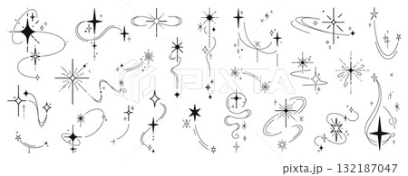 Christmas star sparkles and twinkles with burst flashes of celestial sparks, vector blink glitter. Shooting stars of space, galaxy, starlight shine in Boho style for celestial esoteric or Chrismtas 132187047