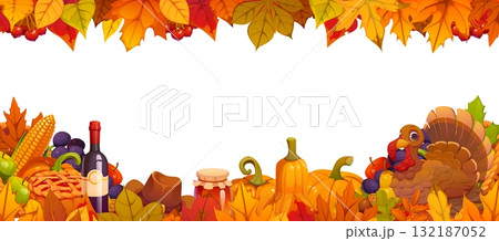 Thanksgiving holiday border frame filled with red, orange and yellow autumn leaves. Vector border decorated with pumpkins, funny turkey, corn cobs, acorns, berries, pears and apples for Thanksgiving Thanksgiving holiday border frame filled with red, orange and yellow autumn leaves. Vector border decorated with pumpkins, funny turkey, corn cobs, acorns, berries, pears and apples for Thanksgiving 132187052