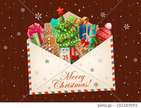 Christmas Santa letter envelope packed with festive gingerbread snowman, gift box with ribbons, evergreen tree, holly sprigs and snowflakes. Cartoon vector festive holiday envelope with Xmas gifts Christmas Santa letter envelope packed with festive gingerbread snowman, gift box with ribbons, evergreen tree, holly sprigs and snowflakes. Cartoon vector festive holiday envelope with Xmas gifts 132187055