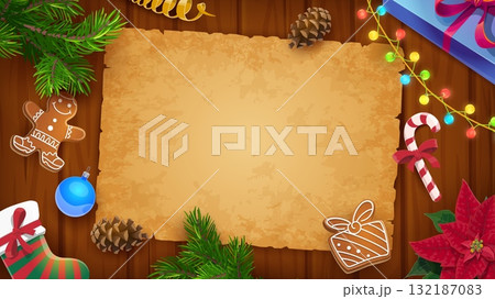 Merry Christmas paper old parchment scroll on wooden background, surrounded by festive pine branch, cones, gingerbread cookies, poinsettia, stocking and Christmas lights. Xmas vector template top view Merry Christmas paper old parchment scroll on wooden background, surrounded by festive pine branch, cones, gingerbread cookies, poinsettia, stocking and Christmas lights. Xmas vector template top view 132187083