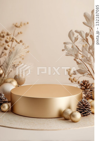 Golden circular podium against a soft beige background, surrounded by pine cones, neutral-toned foliage and gold Christmas ornaments. Ideal for elegant winter product display 132187085