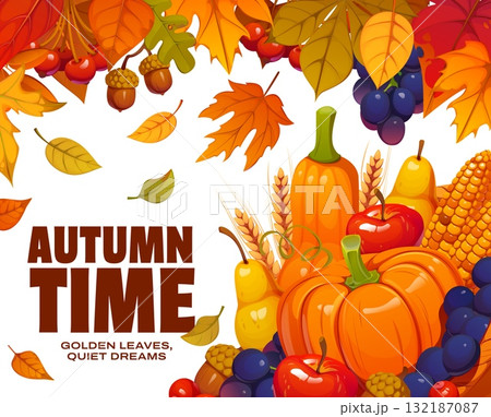 Autumn time vector poster with seasonal harvest of orange pumpkins, red apples, yellow pears, corn cob and purple grapes. Fall autumn leaves, acorns, berries and branches for autumnal quote poster Autumn time vector poster with seasonal harvest of orange pumpkins, red apples, yellow pears, corn cob and purple grapes. Fall autumn leaves, acorns, berries and branches for autumnal quote poster 132187087