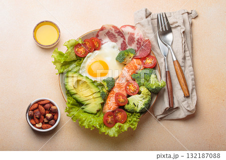 Balanced ketogenic diet meal with salmon, avocado, egg, bacon and vegetables on plate with cutlery top view on beige background Balanced ketogenic diet meal with salmon, avocado, egg, bacon and vegetables on plate with cutlery top view on beige background 132187088