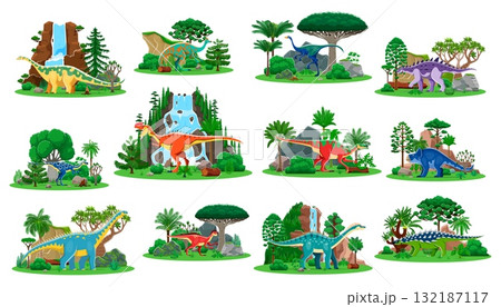 Prehistoric dinosaur characters, Jurassic lizards and reptiles in jungle forest, cartoon vector. Prehistoric era funny lizards, reptiles and dinosaurs for kids paleontology atlas and dino encyclopedia 132187117