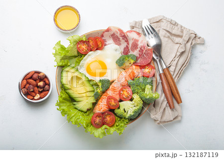 Balanced ketogenic diet meal with salmon, avocado, egg, bacon and vegetables on plate with cutlery top view on white background 132187119