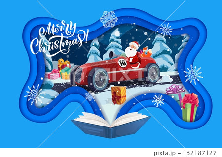 Christmas paper cut banner with Santa on racing car and opened book with winter forest landscape. Merry Christmas vector holiday card with Santa on car, gift boxes, snowflakes and snowy pine Christmas paper cut banner with Santa on racing car and opened book with winter forest landscape. Merry Christmas vector holiday card with Santa on car, gift boxes, snowflakes and snowy pine 132187127