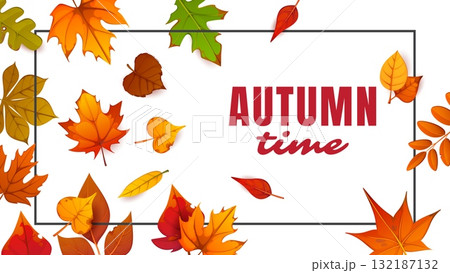 Autumn time greeting card frame with fall red and yellow leaves. Cartoon vector festive rectangular banner or greeting card with thin border evokes seasonal warmth, beauty, and fall season celebration Autumn time greeting card frame with fall red and yellow leaves. Cartoon vector festive rectangular banner or greeting card with thin border evokes seasonal warmth, beauty, and fall season celebration 132187132
