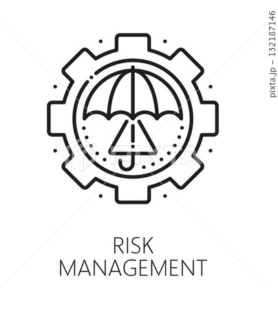 Risk management ESG thin line icon or emblem. Corporate responsible social governance, ESG lineart vector sign. Sustainable environment management icon with cogwheel, exclamation mark and umbrella 132187146