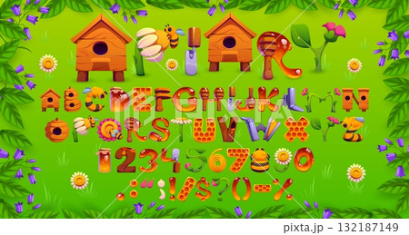 Honey bee font letters, apiary beekeeping typeface English alphabet. Cartoon vector abc symbols and numbers with a honeybee beehives, honey, bees, flowers, and garden tools on a green field background 132187149