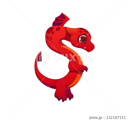 Asian red dragon character font punctuation dollar currency sign. Asian monster English font sign, typeface vector symbol. Fantasy dragon personage English alphabet typeset mark or kids ABC element 132187151