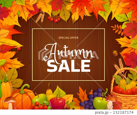 Autumn fall sale vector banner with wooden background surrounded by seasonal harvest of fruits, mushrooms, pumpkins, wheat ears and red, orange and yellow leaves. Thanksgiving holiday discount sale. 132187174