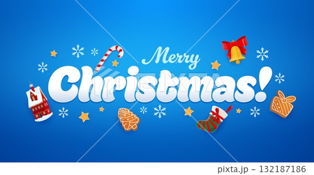 Merry Christmas holiday greeting card with cartoon gingerbread cookies, gift boxes, house, bell with red ribbon, house, candy cane, stars and snowflakes. Modern blue greeting card with white quote Merry Christmas holiday greeting card with cartoon gingerbread cookies, gift boxes, house, bell with red ribbon, house, candy cane, stars and snowflakes. Modern blue greeting card with white quote 132187186