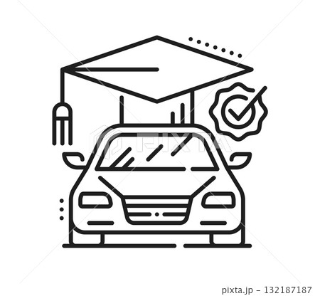 Driving school icon of car exam pass and graduate cap for drive training, vector vehicle pictogram. Driving school line icon for driver license test and exam success of driver training and education Driving school icon of car exam pass and graduate cap for drive training, vector vehicle pictogram. Driving school line icon for driver license test and exam success of driver training and education 132187187