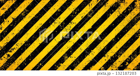 Warning sign with yellow and black diagonal lines. Attention, danger or caution symbol. Construction site signage, road safety notice, hazard banner, security alert shield. Vector illustration 132187203