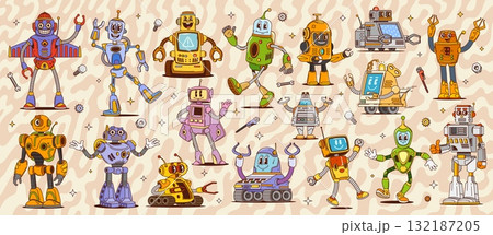 Cartoon funny groovy robot and droid characters with mechanical arms, screens and antennas. Vector retro psychedelic robot toys, vintage groovy space bot monsters, cute cyborgs and transformers 132187205