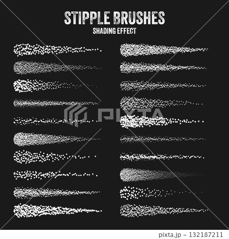 Ink scatter brush, stipple drawing and texturing. Fading gradient. Stippling, dotwork drawing, shading using dots. Halftone disintegration effect. White noise grainy texture. Vector illustration 132187211