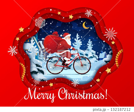 Santa on bicycle, Christmas paper cut card. Santa Claus in costume ride a bike with gifts sack. Night street town with pine and spruce trees and yellow moon on holiday season greeting card 132187212