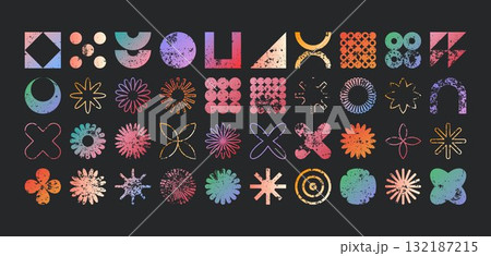 Brutalist geometric shapes, modern grunge symbols. Simple primitive elements and forms, distressed details. Retro design, aged, vintage, trendy contemporary minimalist style, y2k. Vector illustration 132187215