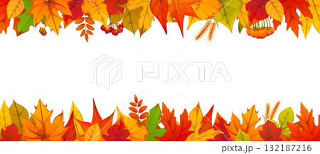 Autumn foliage vector border frame with berries and acorns, oak, maple, aspen and birch leaves in red, orange, brown and yellow colors. Autumn fall seasonal border. Template with cartoon foliage Autumn foliage vector border frame with berries and acorns, oak, maple, aspen and birch leaves in red, orange, brown and yellow colors. Autumn fall seasonal border. Template with cartoon foliage 132187216