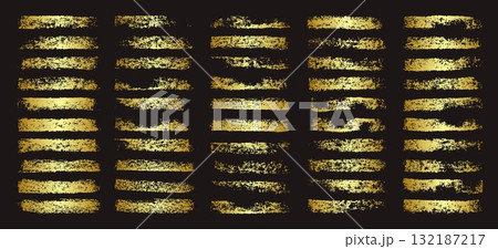 Golden brush strokes, lines, ink smudges, hand-drawn scribble shapes. Handmade sketchy marks, acrylic stains, charcoal streaks. Paint textures, dry brush effect. Marker underline. Vector illustration 132187217