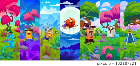 Cartoon school education stationery mage, sorcerer and wizard vector characters collage. Blue microscope, yellow book, orange sharpener, divider and calculator, schoolbag warlock magical personages Cartoon school education stationery mage, sorcerer and wizard vector characters collage. Blue microscope, yellow book, orange sharpener, divider and calculator, schoolbag warlock magical personages 132187221
