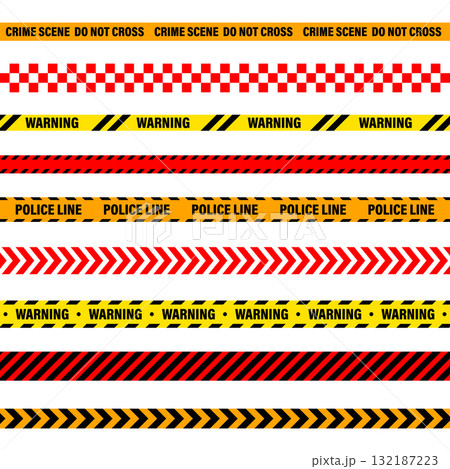 Barricade construction tape. Colorful police warning line, brightly colored danger or hazard stripe, ribbon. Restricted area, zone. Attention symbol. Vector illustration 132187223