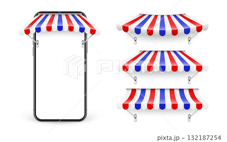 Smartphone with shop sunshade, metal mount, online internet shopping. Realistic striped cafe awning. Outdoor market tent. Roof canopy in French flag colors. Summer street store. Vector illustration 132187254