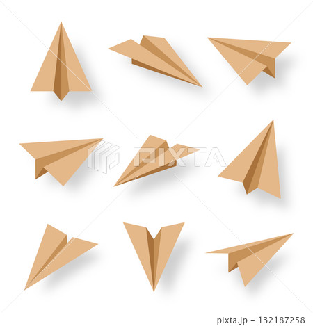 Realistic handmade paper planes collection on transparent background. Origami aircraft in flat style. Vector illustration. 132187258