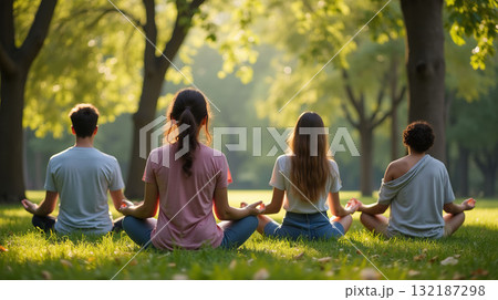 Four people meditating outdoors in a green park with sunlight filtering through trees, promoting relaxation and mindfulness Four people meditating outdoors in a green park with sunlight filtering through trees, promoting relaxation and mindfulness 132187298