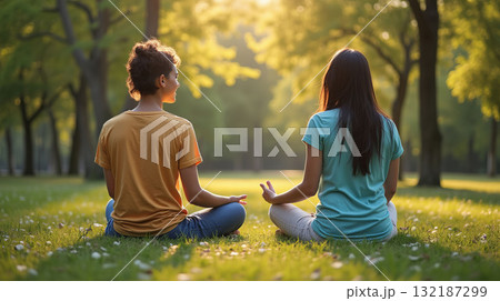 Two individuals sit cross-legged, meditating on a grassy field surrounded by trees, with sunlight filtering through the leaves Two individuals sit cross-legged, meditating on a grassy field surrounded by trees, with sunlight filtering through the leaves 132187299