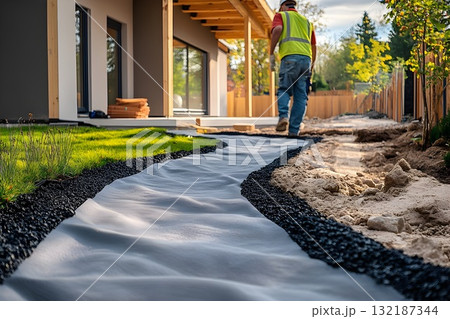 Landscape path installation with geotextile and gravel base by worker near modern house and garden 132187344