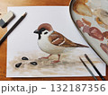 Sparrow bird painting artwork. Bird illustration ornithology wildlife drawing. Gouache learning nature education art supplies. White background brown tone illustration 132187356