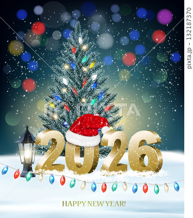 Holiday background with Christmas tree with garland and a gold 2026. Vector. Holiday background with Christmas tree with garland and a gold 2026. Vector. 132187370