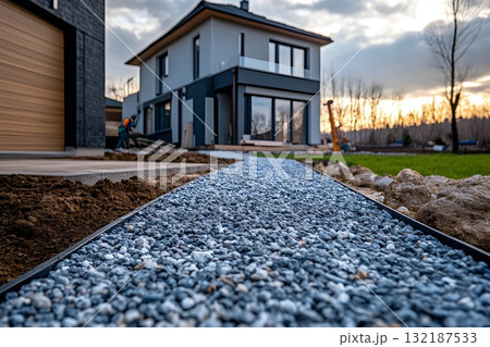 New gravel garden walkway with clean edging leading to modern house at sunset New gravel garden walkway with clean edging leading to modern house at sunset 132187533