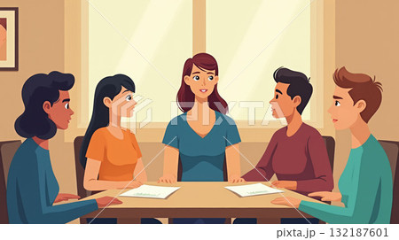 Diverse group seated at a table engaged in conversation in a cozy room, illustrated style, teamwork concept. Emotional support. 132187601