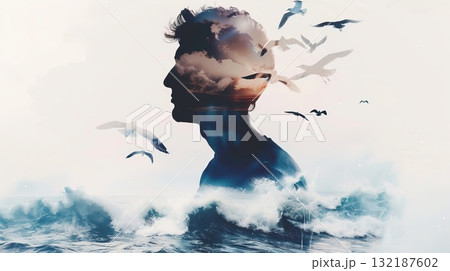 World Mental Health day banner. Silhouette head depressed man. Copy space 132187602