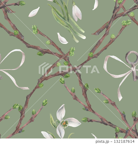 Seamless pattern with spring twigs, delicate bouquets of snowdrops, bows and petals. Watercolor illustration hand drawn and isolated on a green background. Perfect for decorating packaging, textiles 132187614