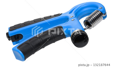 Blue adjustable hand expander wrist trainer with black pads and metal spring, 132187644
