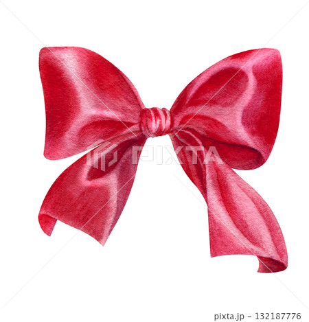 Watercolor isolated bow. Red satin ribbon bow. Element for romantic decoration of packaging, girls' hairstyles. Hand drawing. 132187776