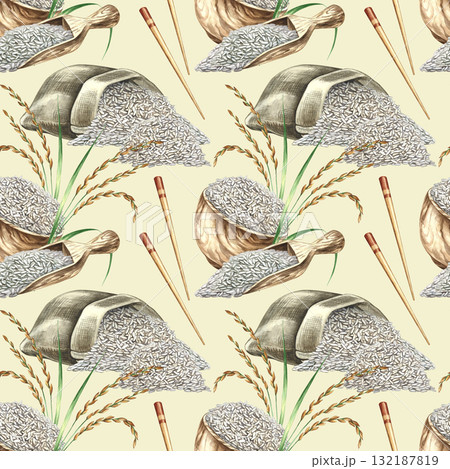 Seamless pattern with rice. Hand-drawn watercolor illustration. Rice bowls, scoops, rice stalks, and chopsticks. For labels, menus, recipes, and cookbooks, packaging. Seamless pattern with rice. Hand-drawn watercolor illustration. Rice bowls, scoops, rice stalks, and chopsticks. For labels, menus, recipes, and cookbooks, packaging. 132187819