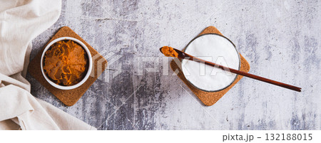 Miso-Spiked latte in a glass and a bowl of miso paste on the table top view web banner Miso-Spiked latte in a glass and a bowl of miso paste on the table top view web banner 132188015