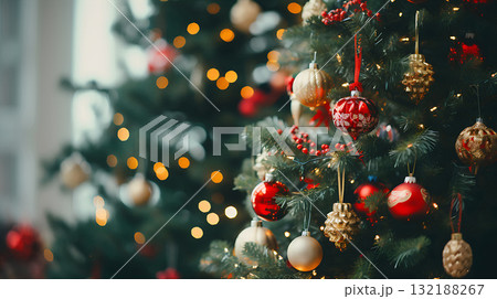 Christmas background. Christmas tree with balls and blurred shiny lights Christmas background. Christmas tree with balls and blurred shiny lights 132188267