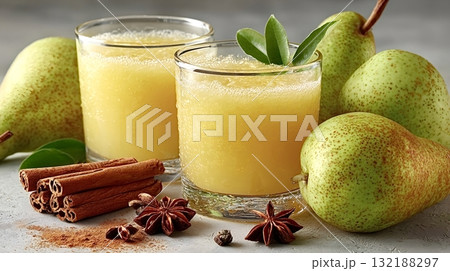 Refreshing pear juice with cinnamon and star anise spices 132188297