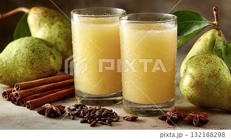 Refreshing pear juice with spices and whole pears Refreshing pear juice with spices and whole pears 132188298