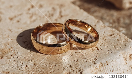 Two golden wedding rings resting on travertine stone in sunlight 132188414